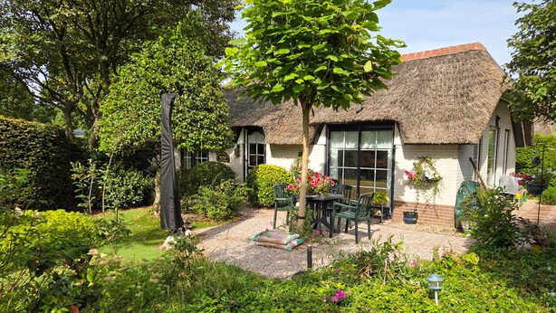 A thatched-roof cottage with a garden, outdoor seating, and a variety of plants and flowers. - Cozy home in Ermelo with WiFi (Ermelo)