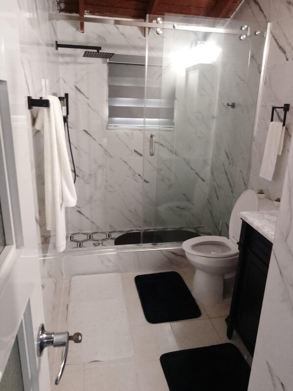 Shower, hair dryer, towels, soap