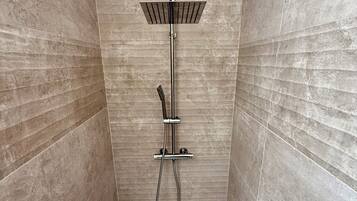 Shower, hair dryer, towels, toilet paper