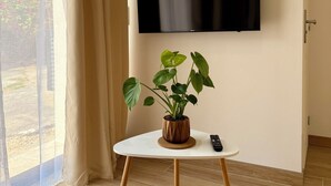 Ein Zimmer mit einem großen Fenster, einem Blumentopf auf einem kleinen Tisch, einem an der Wand montierten Flachbildfernseher und einer Tür.