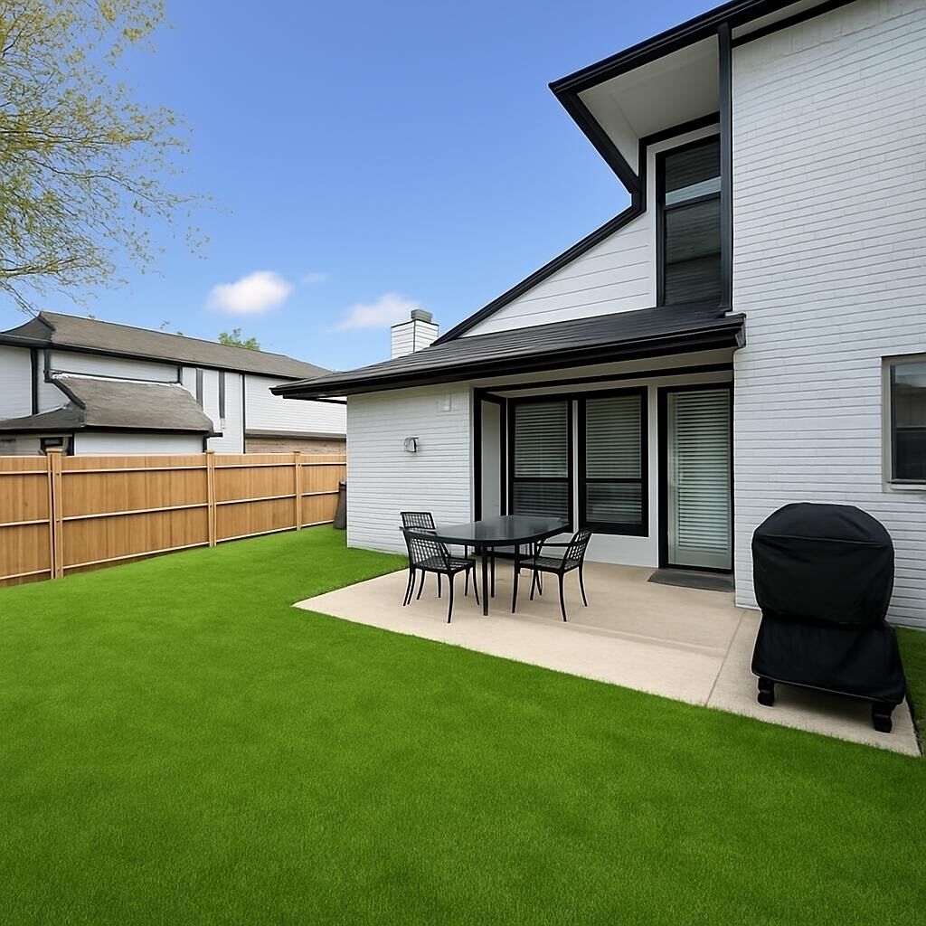 Ein modernes Haus mit Terrasse, Grill und gepflegtem Rasen.