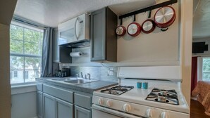 A kitchen with a gas stove, two sinks, and a window. - Carriage House studio min to ECU (Ada)