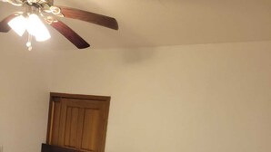Two single beds with white linens and teal pillows, a wooden door, and a ceiling fan.