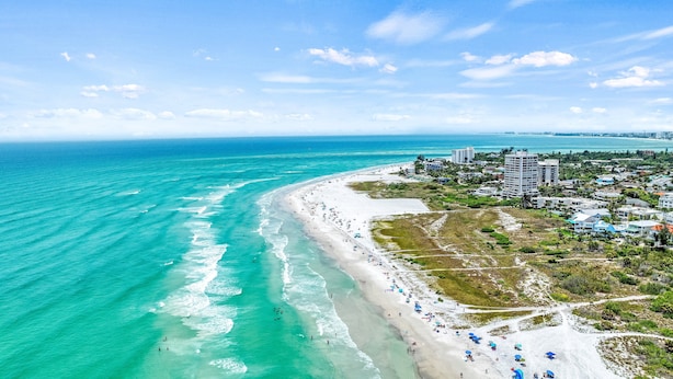 An aerial view of a beach with clear turquoise waters, a sandy shore, and a coastal town with buildings and greenery.
