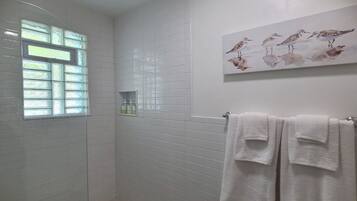 Chuveiro, secador de cabelo, toalhas de banho, sabonete