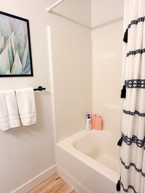 Hair dryer, towels, soap, shampoo