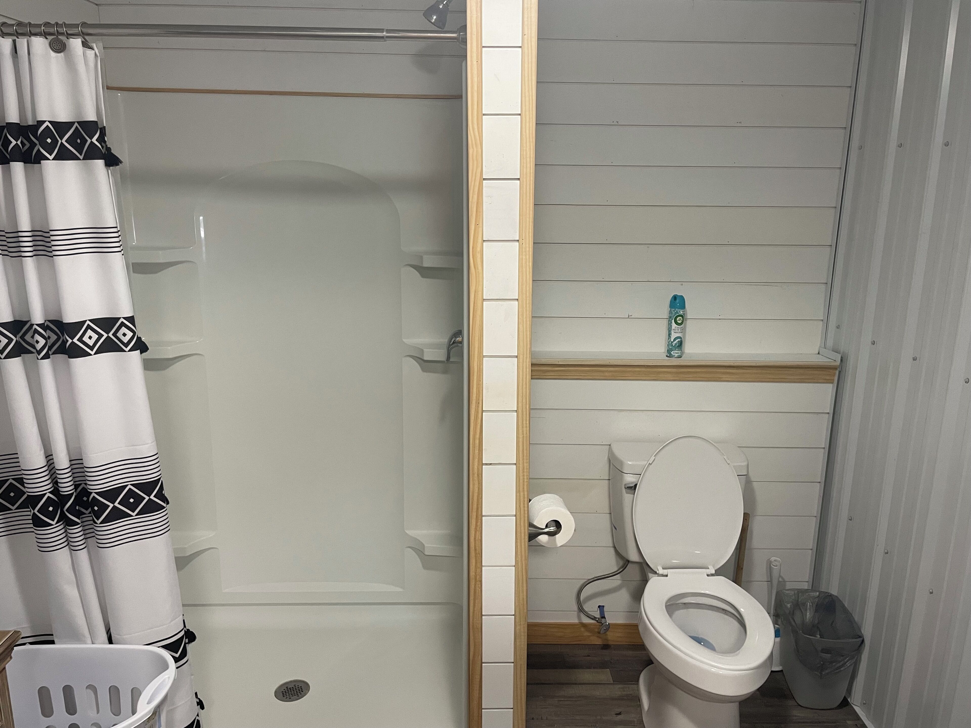 Shower, towels, soap, toilet paper
