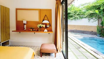 Villa, Balcony, Pool View | Premium bedding, down comforters, memory foam beds, minibar