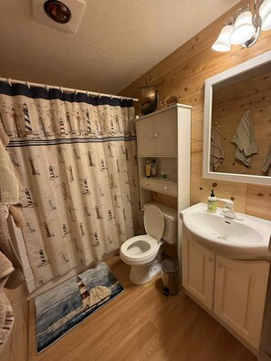 Hair dryer, towels, soap, toilet paper