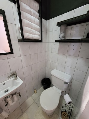 Douche, serviettes fournies, savon, papier de toilette