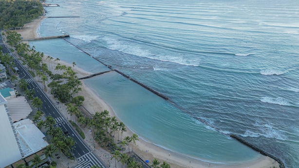 Una carretera costera con palmeras, una playa y olas del océano.
