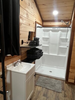 Shower, hair dryer, towels, soap