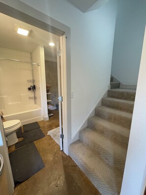 Hair dryer, towels, toilet paper