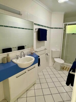 Douche, sèche-cheveux, serviettes fournies, savon