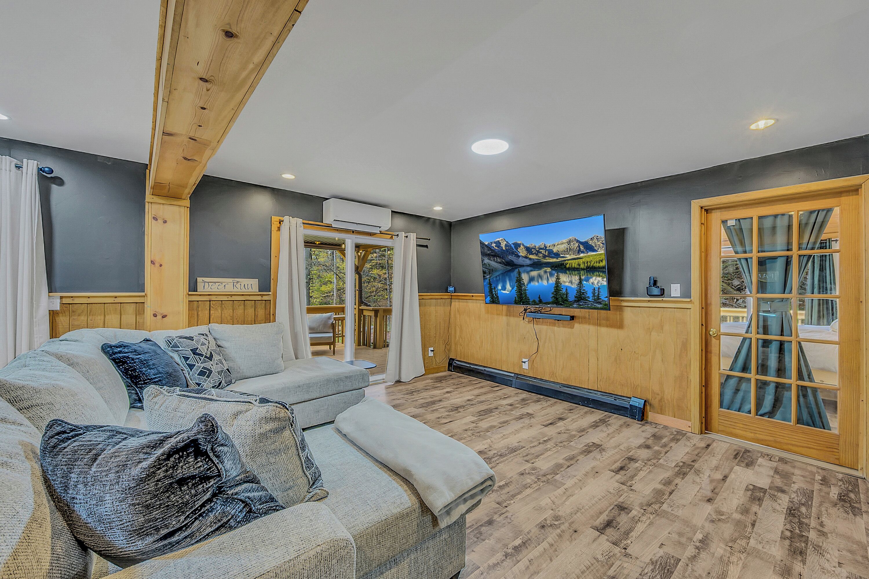 Smart TV, fireplace, books, computer monitors