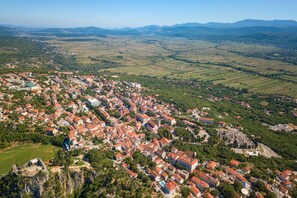 An aerial view of a town with red-roofed buildings, green fields, and a church.