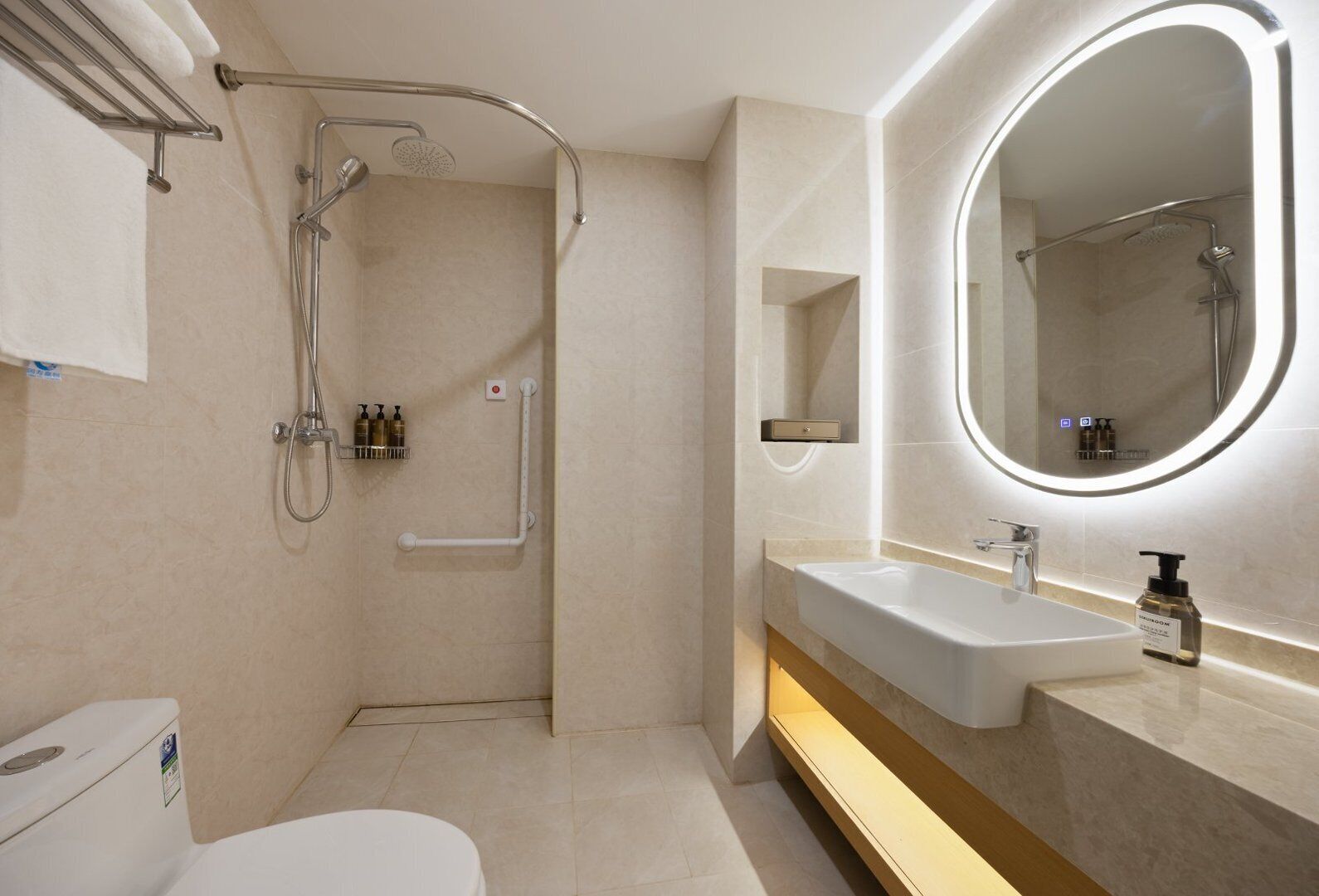 Une salle de bain moderne avec une douche à l’italienne, un lavabo avec un miroir et des toilettes.