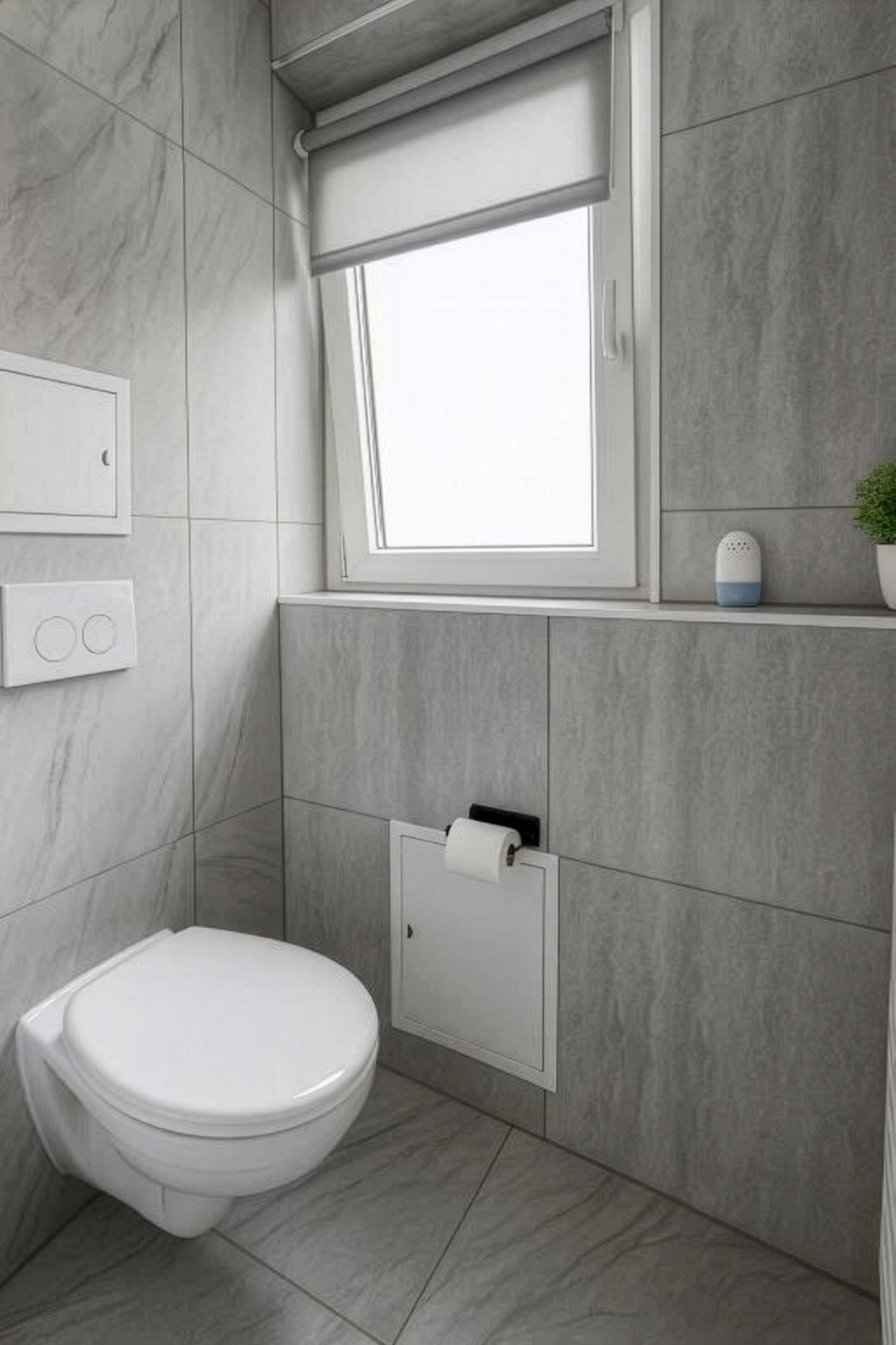 Un baño con inodoro, toallero, ventana y una pequeña repisa con una planta.