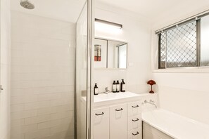 Hair dryer, towels, soap, shampoo