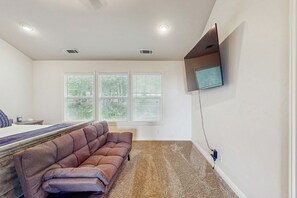 TV, fireplace, books