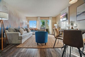 Smart TV, fireplace, books