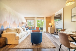 Smart TV, fireplace, books