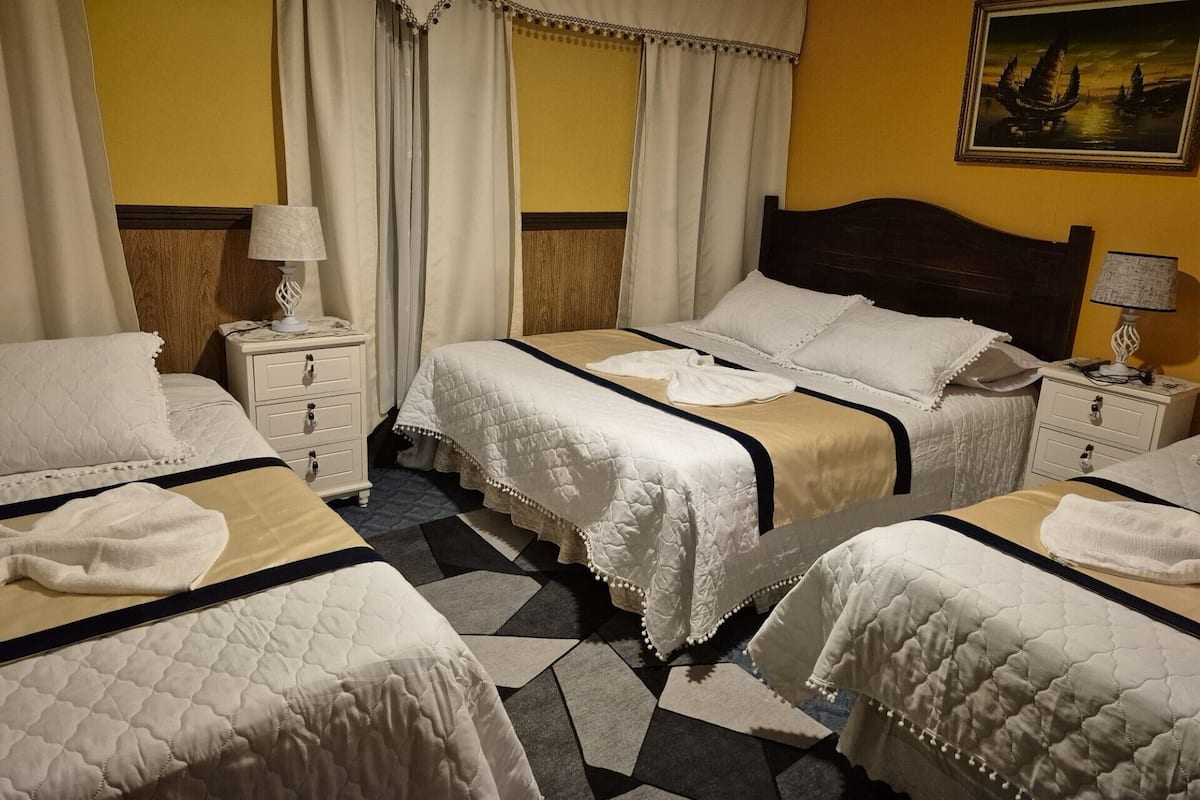 A hotel room with two beds, a painting on the wall, and a patterned rug.