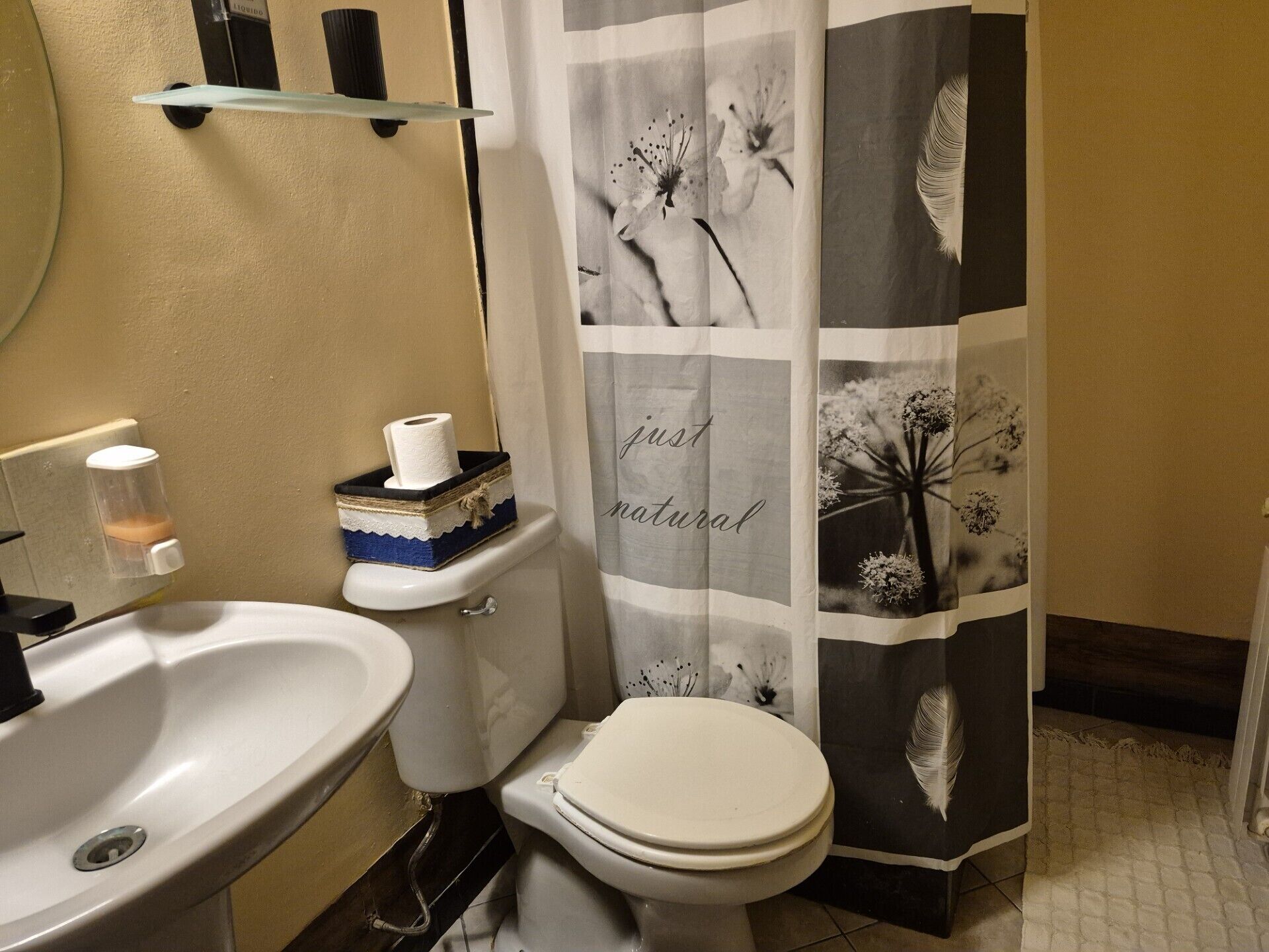 A bathroom with a toilet, sink, and shower curtain with floral patterns.