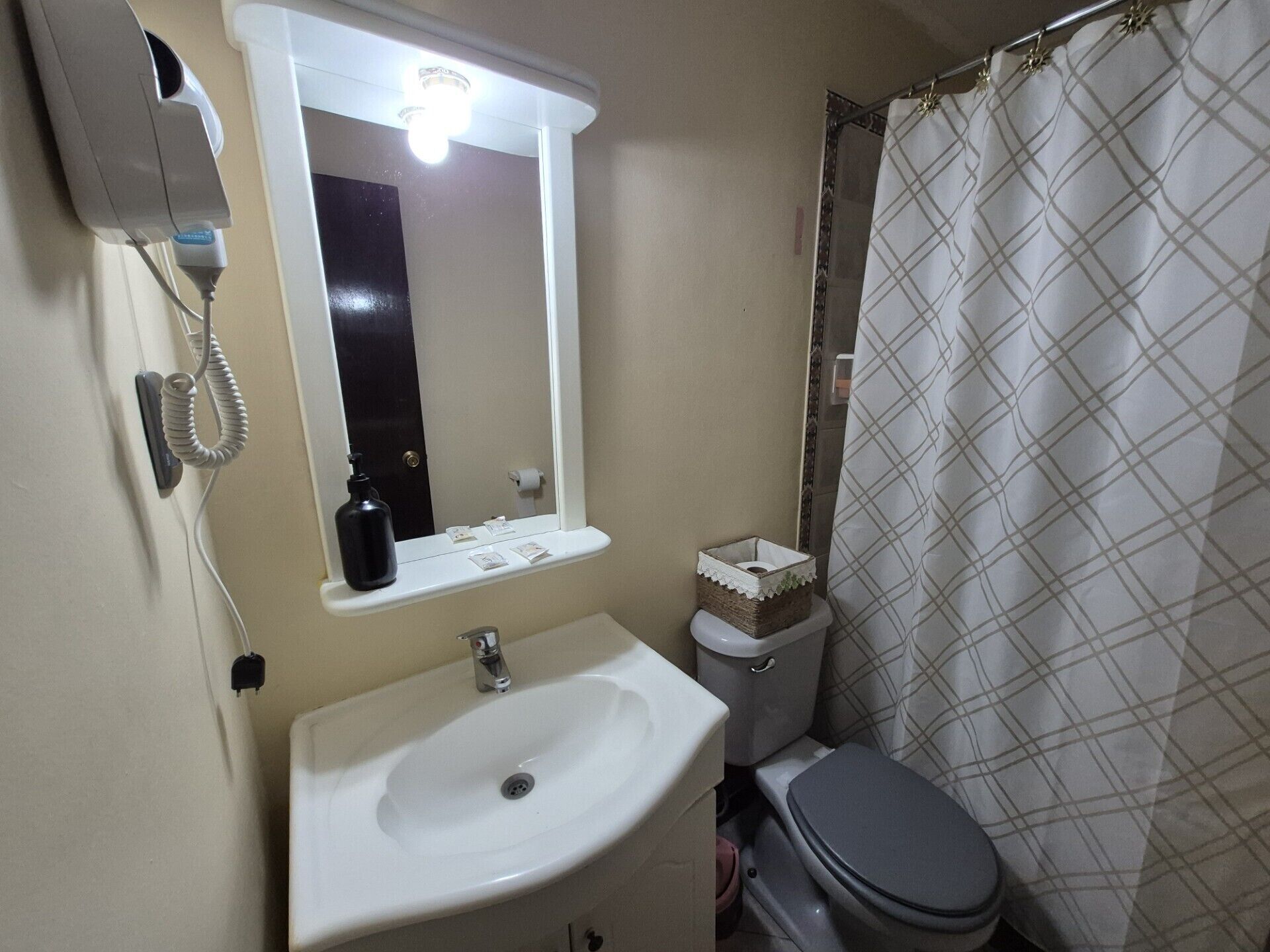 A bathroom with a white sink, a mirror, a toilet, and a shower curtain.