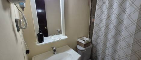A bathroom with a white sink, a mirror, a toilet, and a shower curtain.