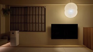 Une pièce dotée d’un grand téléviseur à écran plat fixé au mur, d’un radiateur et d’une lanterne en papier suspendue.