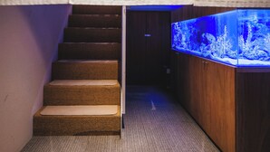 Un escalier menant à une pièce où se trouve un grand aquarium.