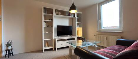 Smart-tv, dvd-spelare och böcker