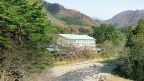 Un edificio con techo verde, rodeado de un bosque denso y montañas.