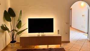 A modern living room with a flat-screen TV on a wooden console, a potted plant, and a clock on the wall.