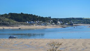 A coastal area with a sandy beach, boats, and a town with houses and greenery in the background.
