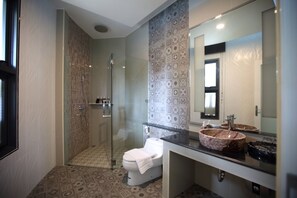 Hair dryer, towels, soap, toilet paper