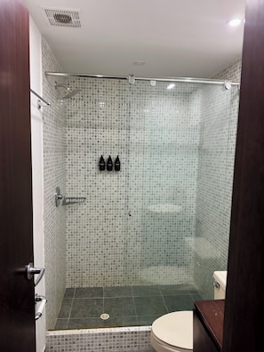 Hair dryer, towels, soap, toilet paper