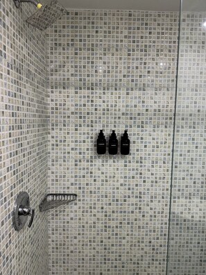 Hair dryer, towels, soap, toilet paper