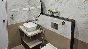 Hair dryer, towels, soap, toilet paper