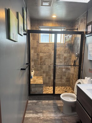 Hair dryer, towels, soap, toilet paper