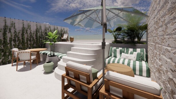 A sunlit outdoor seating area with a wooden table, chairs, and a cushioned bench. - Luxurious Tanki Flip Townhouses with Rooftop & Pool Palm Beach Area (Noord)