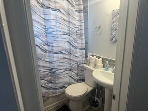 Hair dryer, towels, soap, toilet paper
