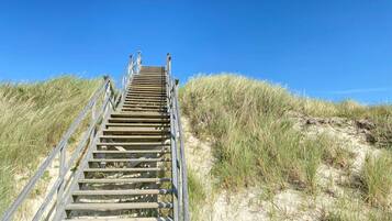 A wooden staircase leading up a sandy dune with grass on either side, under a clear blue sky.