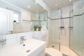 Shower, hair dryer, towels