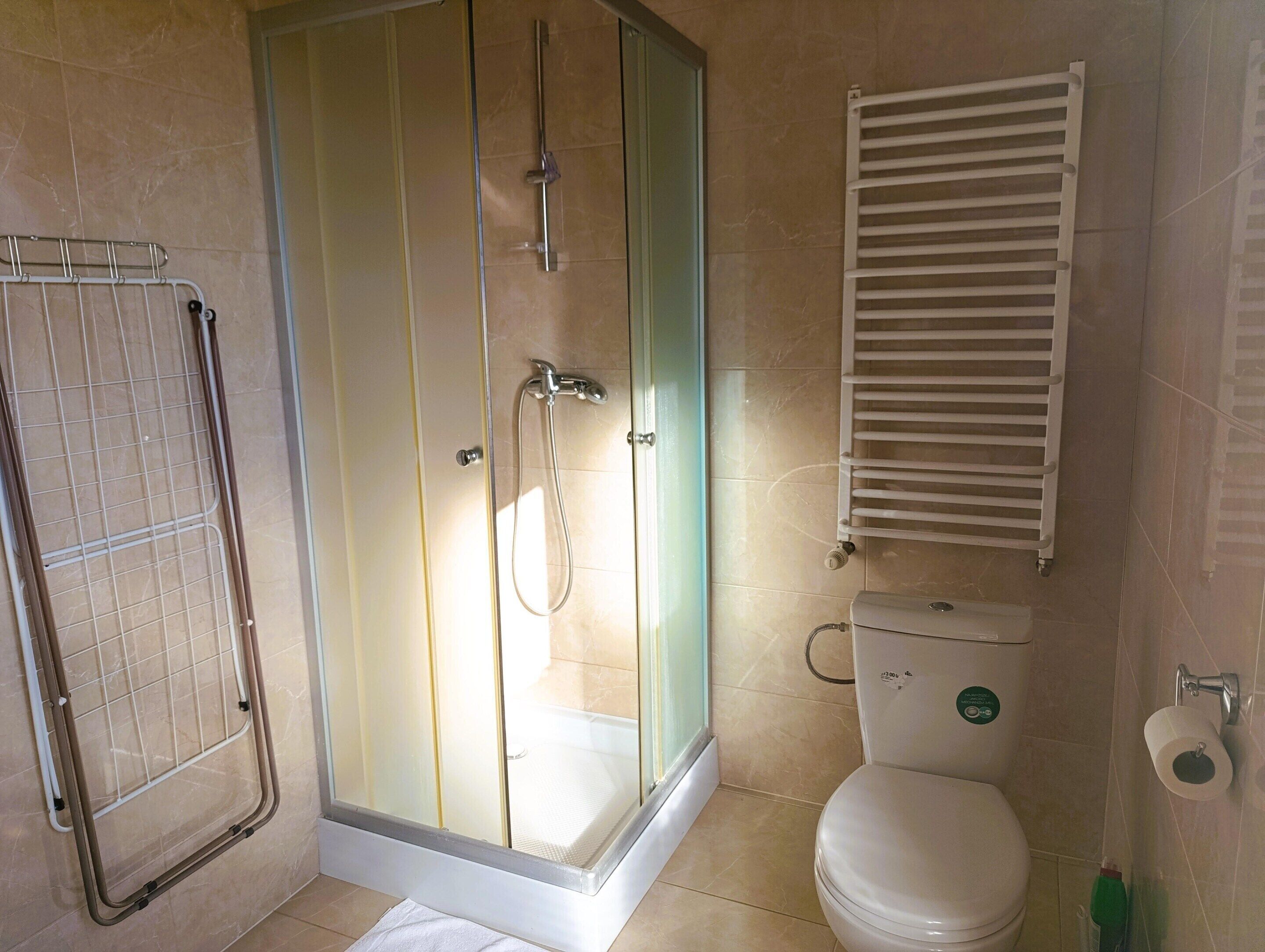 A bathroom with a glass-enclosed shower, a toilet, and a towel rack.