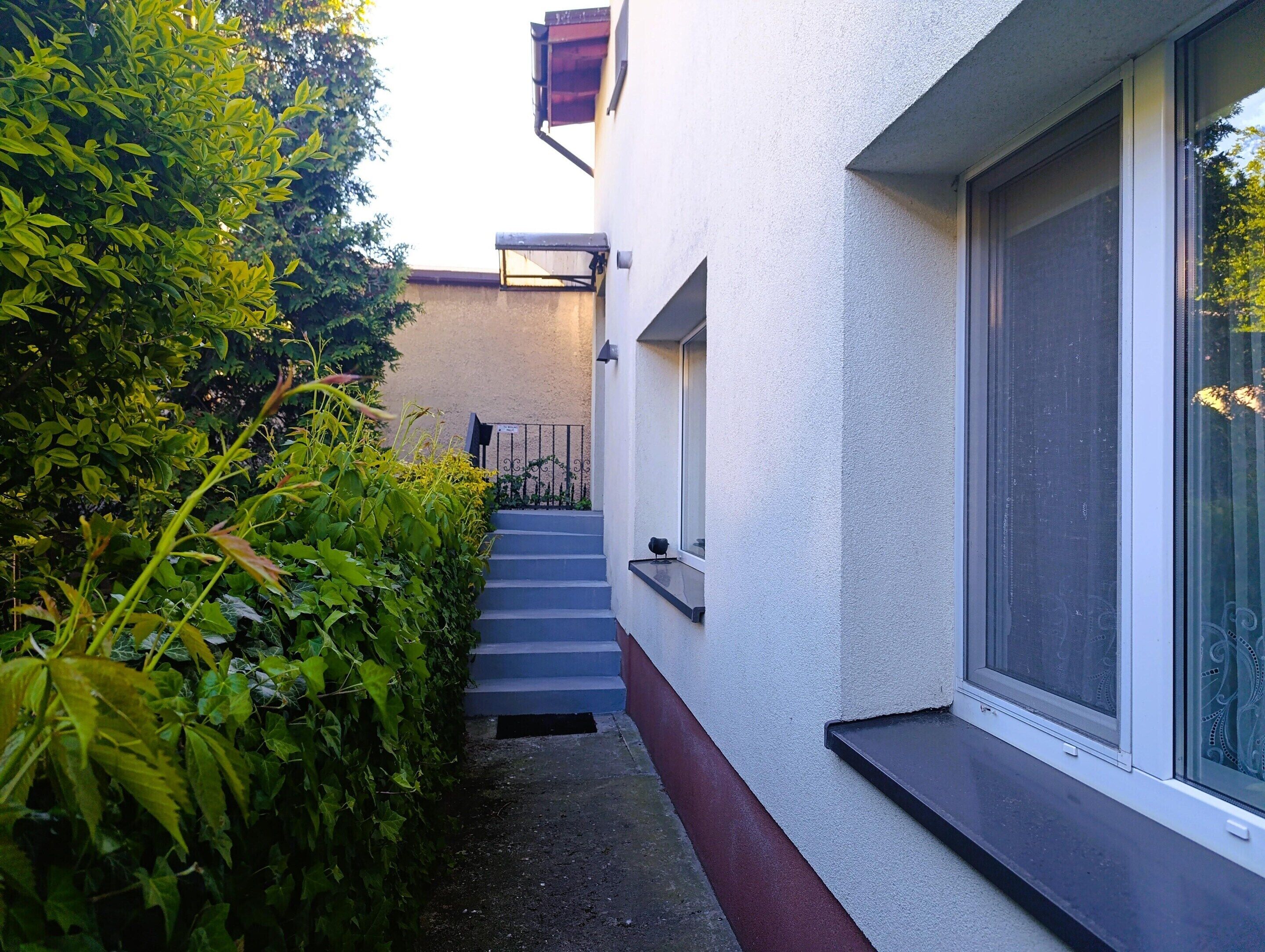 A narrow pathway leading to a building with a white exterior and a window with a metal grill.