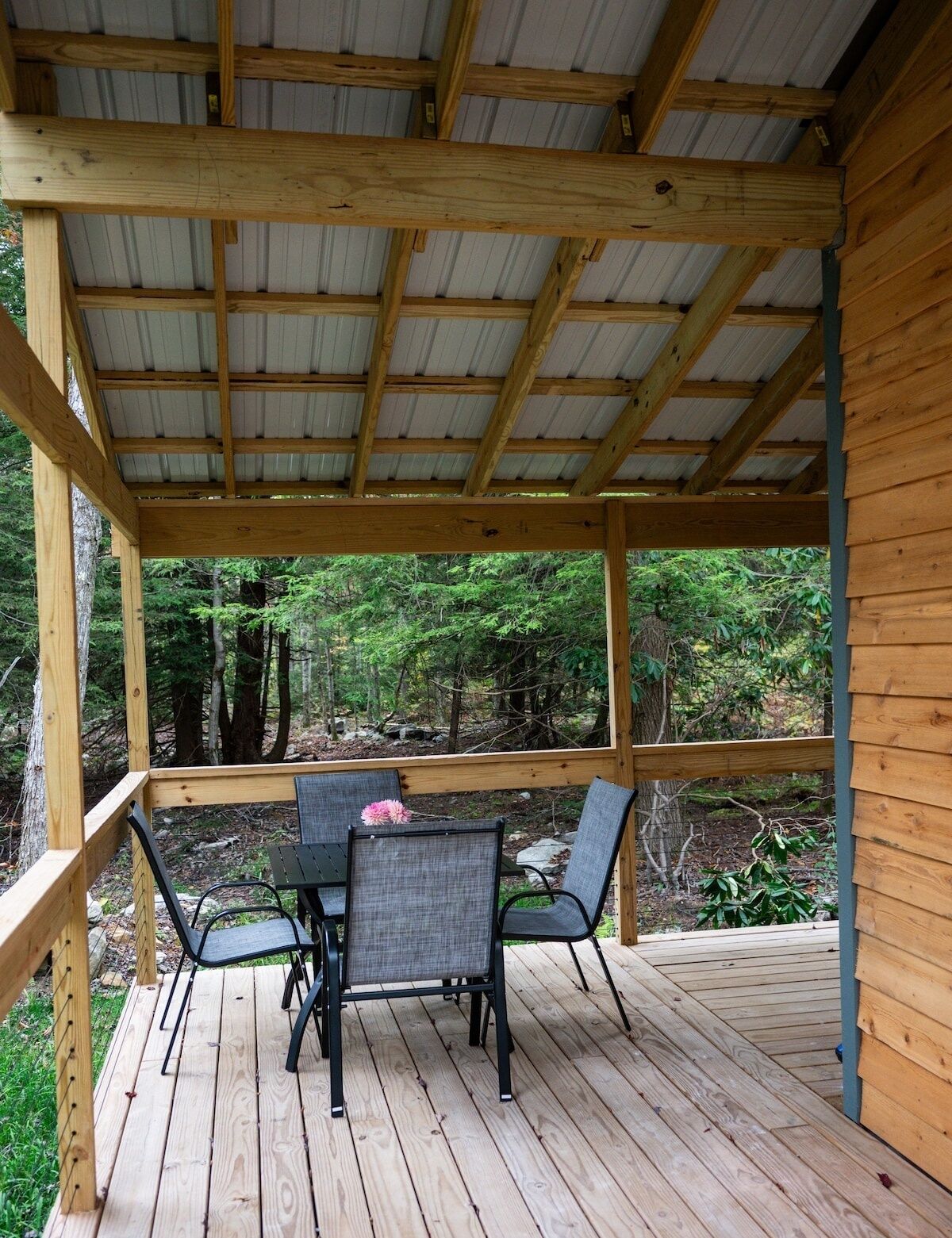 Une terrasse en bois surmontée d’un toit en métal, entourée d’arbres.