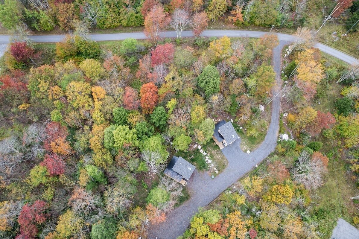An aerial view of a residential area with two houses, surrounded by a variety of trees in autumn colors, and a winding road.
