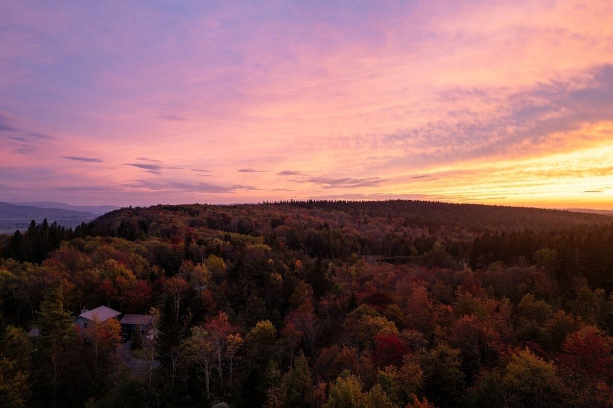 Un paysage boisé avec une maison située au pied d’une colline.